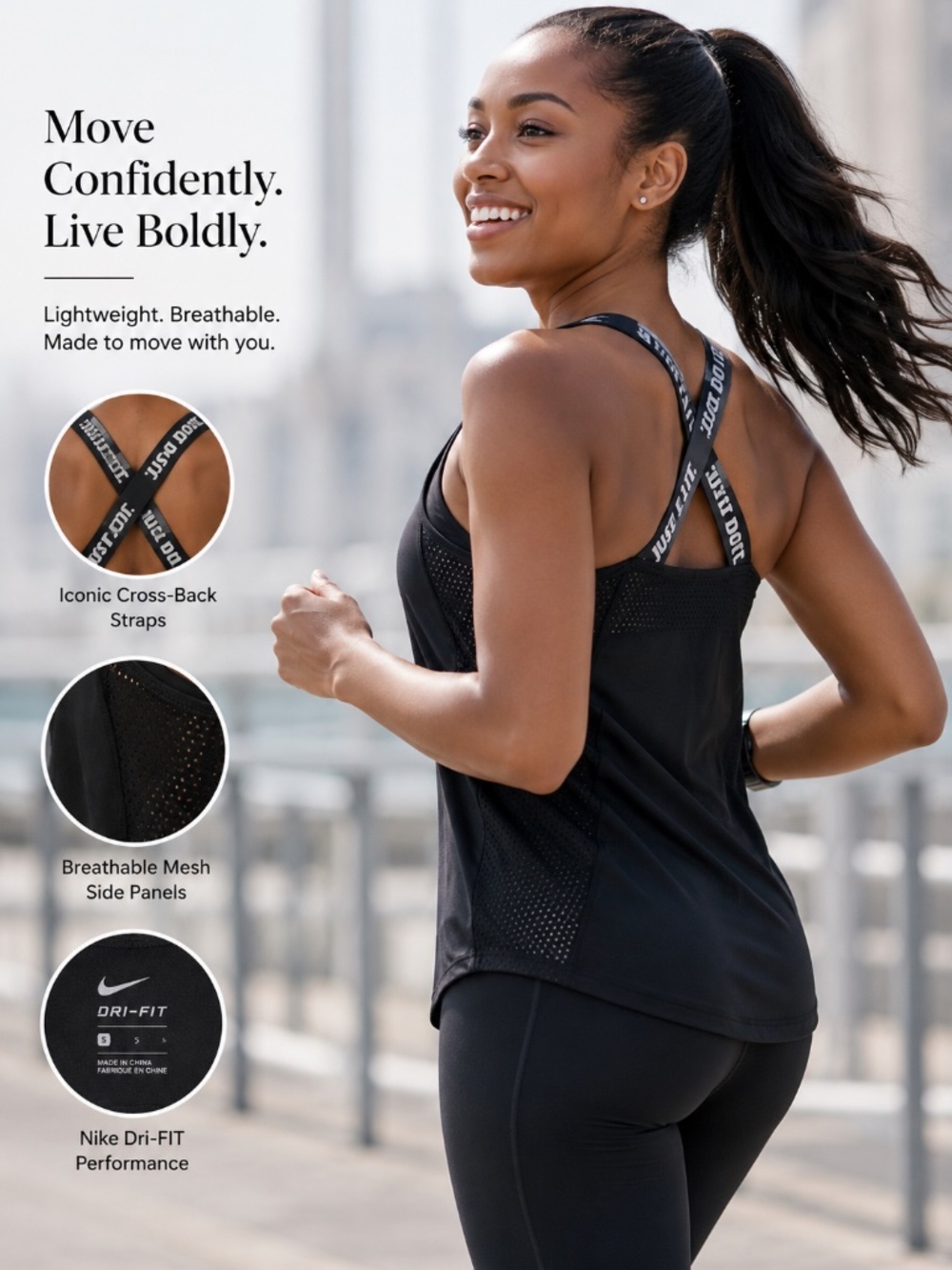 Nike Dri-FIT Black Running Tank | Mesh Panels | Cross-Back “Just Do It” Straps |